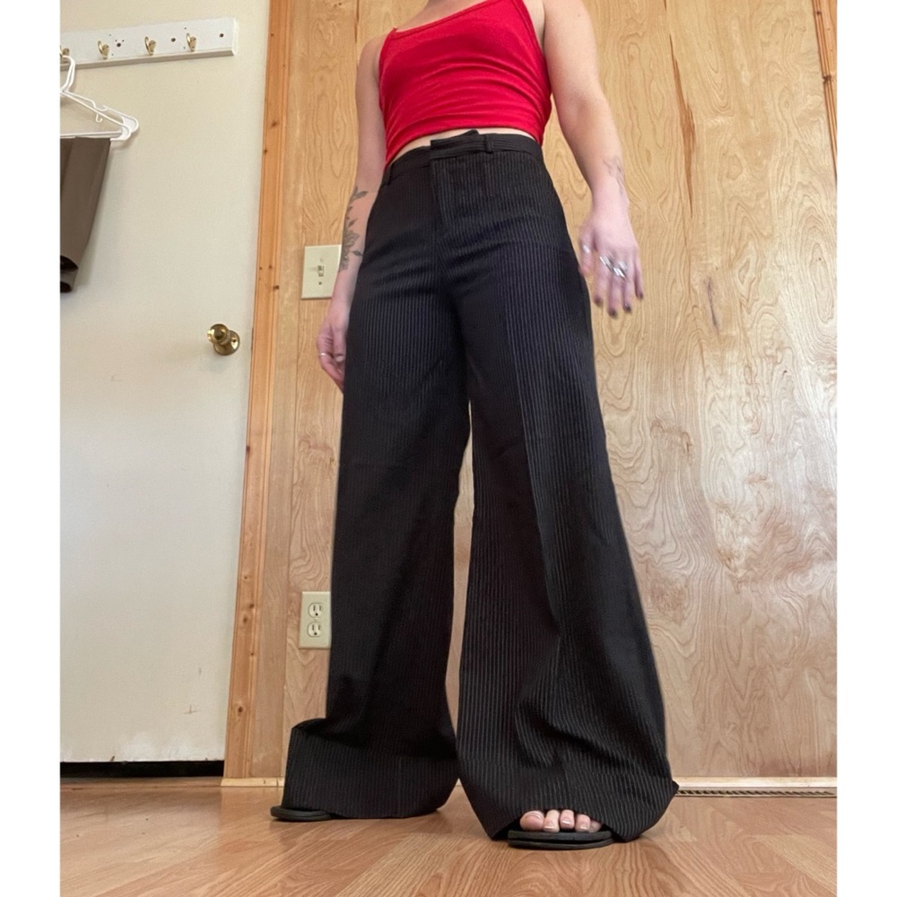 Wide Leg Pinstripe Boot-Cut Pants - Black